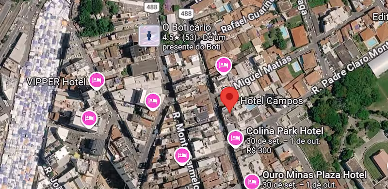 Localização Central do Hotel Campos em Aparecida.